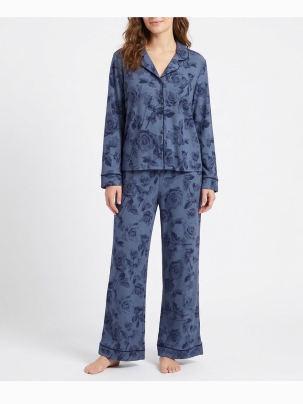 Roudelain Pajama Set Womens Large Vintage Indigo Floral Print Stretch Ribbed